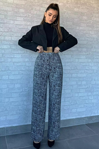 Zehra Gül Siyahgrili Kadın Kışlık Karyağdı Desenli Bel Cırtlı Palazzo Pantolon