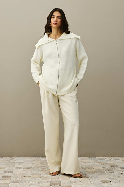 Fahhar Zipper Detailed Cardigan Ecru