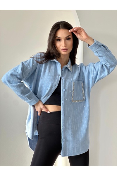 Kırmızı iz mavi, taş/pul detaylı gömlek ceket kışlık yün büyük beden gömlek ceket tarz gömlek