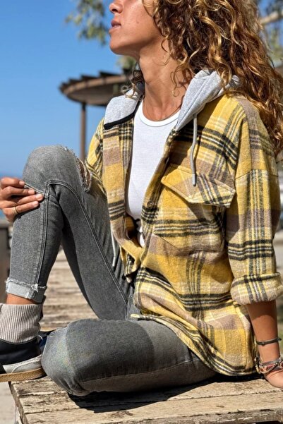 Güneşkızı Yellow Hooded Plaid Pocket Lumberjack Casual Shirt 60 50