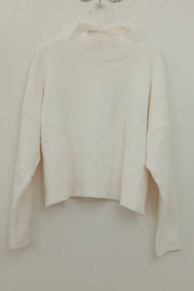 Nana & Mayka Moda Women's Ecru Soft Off-Shoulder Half Turtleneck Long Sleeve Loose Fit Winter Sweater