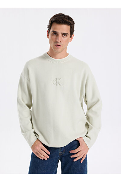 Calvin Klein Jeans Bisiklet Yaka Relaxed Düz Açık Yeşil Erkek Kazak LV04RD300GQCM LS EMBOSSED LOGO C