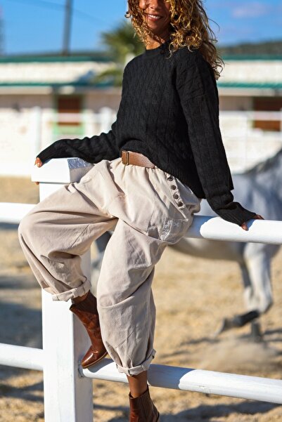 Güneşkızı Pulover negru guler rotund cu textura moale, tricotat, lavabil, 55 50