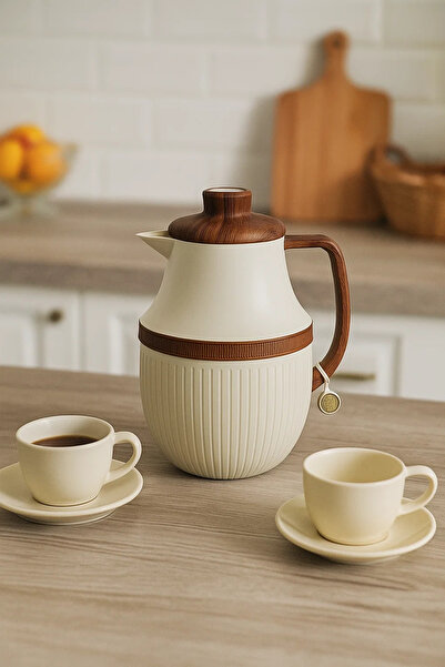 Urbanza Stylish White Thermos Flask – 1 Liter Insulated Jug with Wooden Handle for Hot & Cold Drinks