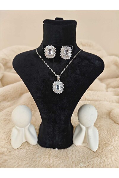 Stainlless Steel Zirkon Taşlı Çelik Kolye Küpe Seti