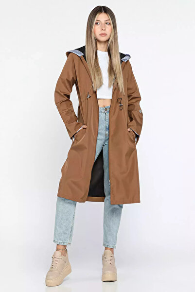 Zehra Gül Camel Kadın Kapüşonlu Bel Lastikli Uzun Trençkot