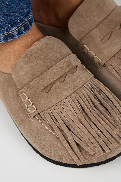 Manijero Madora Women's Genuine Leather Tasseled Sabo Mink Slippers