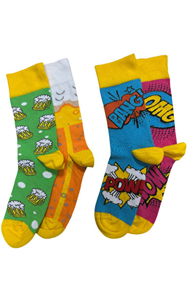 MOOD AN GO WOW & BANG Pop Art + Bira Bardağı Desenli Farklı Tekli Çorap (Her ...