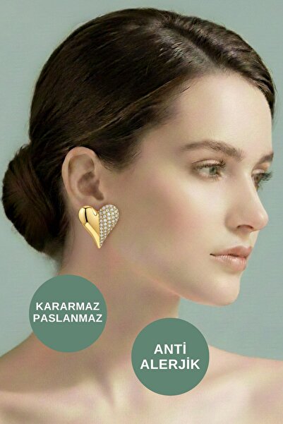 ALEXANDER HUD Antialerjik Suya Dayanıklı Kararmaz Kadın Gece ve Günlük Şık Altın Pırlanta Büyük Taşlı Çelik Küpe