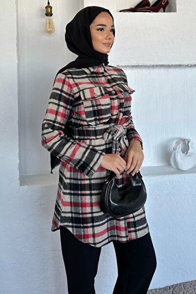 Zehra Gül Siyahkırmızı Ekose Desenli Çift Cepli Tesettür Tunik