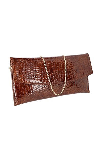 Magazinul de genti Plic de ocazie din piele croco lac, Maro camel