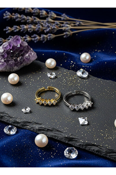 EKİDORA 5 Stone Women's Adjustable Steel Ring with Shiny Zircon Stone Stylish Jewelry