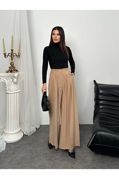 Hatun Atila Pleated High Waist Wide Leg Modal Fabric Palazzo Pants 8039 - Mink
