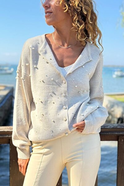 Güneşkızı Πουλόβερ με μαλακή υφή με λεπτομέρεια από πέρλες που πλένονται με κουμπιά εκρού 60 45