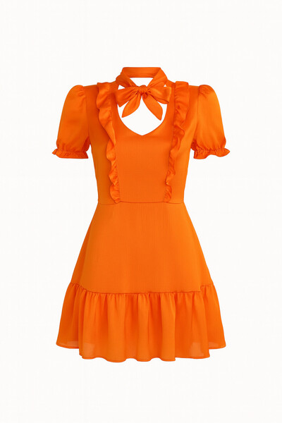 marina elifer Elegant orange dress with ruffles and bow at the neck by