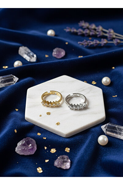 EKİDORA 5 Stone Women's Adjustable Steel Ring with Shiny Zircon Stone Stylish Jewelry