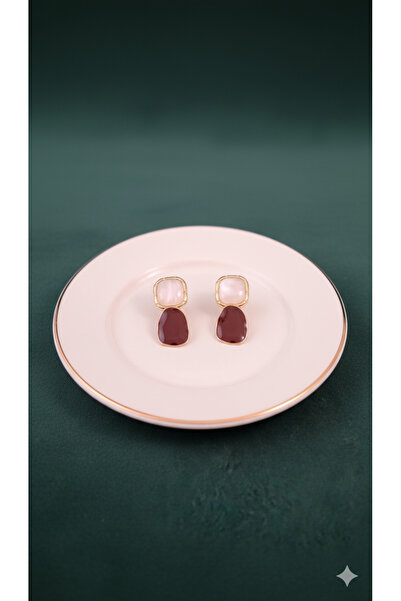 Lu Atelier Rosélia El Yapımı Polimer Kil Küpe – Bordo ve İnci Pembe Renkli Zarif Model – Altın Detaylı Tasarım