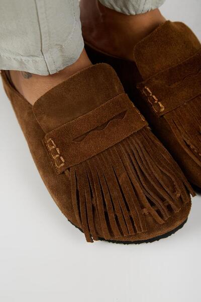 Manijero Madora Women's Genuine Leather Tasseled Sabo Tan Slippers