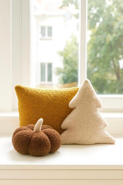 SAYMİNE Teddy Decorative Pillow and Pine Wood Inner-Filled Cushion 3-Piece Combination