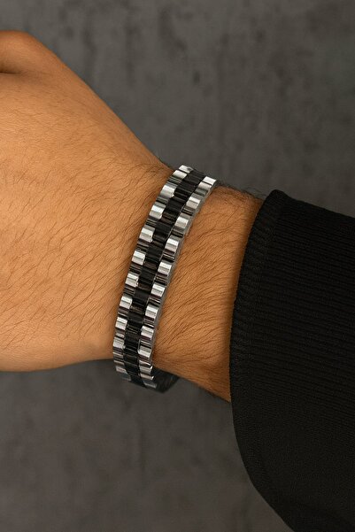 TAKIŞTIR Silver and Black Color Chain Detailed Steel Men's Bracelet