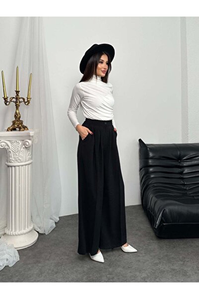 Hatun Atila Pleated High Waist Wide Leg Modal Fabric Palazzo Pants 8039 - Black