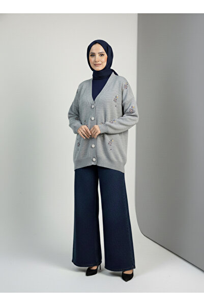 BENAHOLL Ferenya Hollow Buttoned Floral Embroidered Cardigan-Zi̇6248 Gray