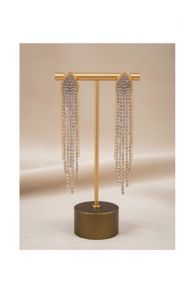 Lu Atelier Véline Işıltılı Uzun Küpe – Altın Renkli Taşlı Zincir Tasarım – Gece Şıklığı ve Zarif Görünüm