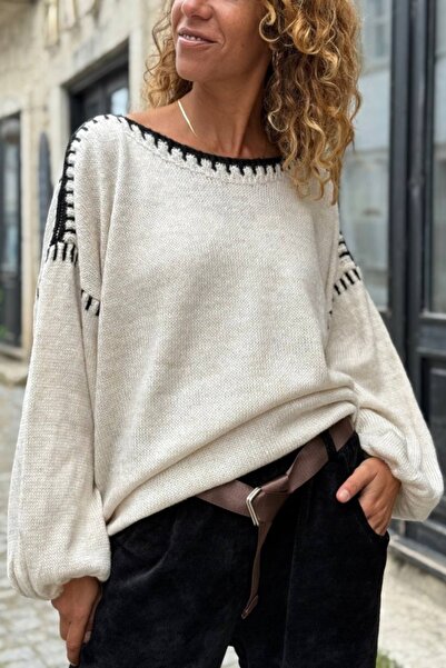 Güneşkızı Italian Ecru Boat Neck Balloon Sleeve Washable Neck and Sleeve Embroidery Soft Textured Wool Loose Sweater 70 60