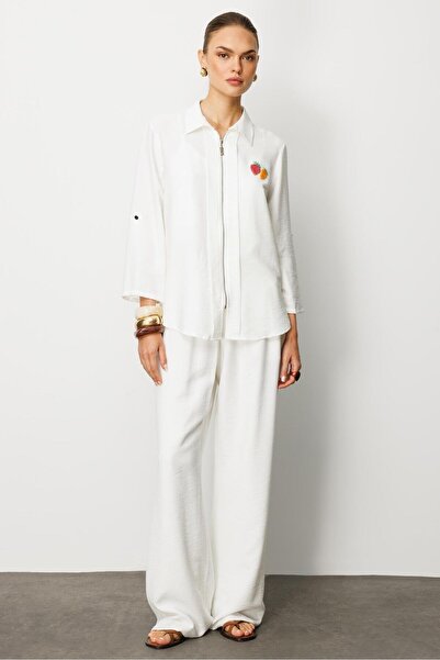 Moda İlgi MODAİLGİ Aksesuar Detaylı Rahat Kesim Gömlek 10038 Ekru