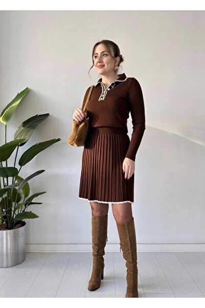 Cemre Life Collar Button Detailed Knitwear Skirt Set