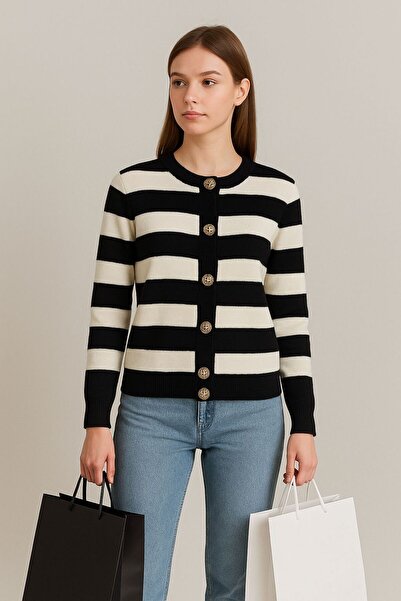 HİRA LİFE FASHİON Women's Knitwear Striped Buttoned Front Gold Detailed Cardigan