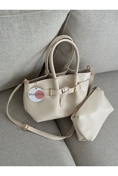 BAGLOVİS Cream Women's Shoulder Bag with Front Belt and Puppy Bag En32 Boy20