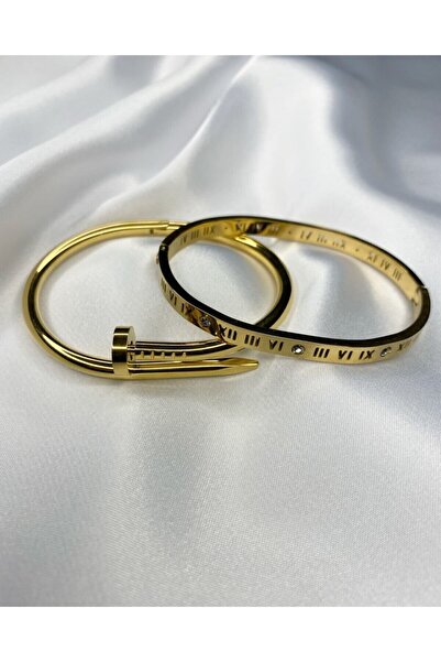 ANGELSS JEWELLERY سوار من الفولاذ الذهبي المزدوج بتصميم مسمار برقم روماني