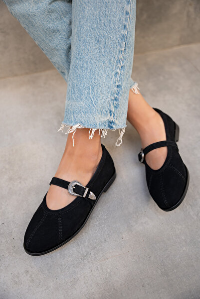 LAMİNTA Opsis Black Suede Flat Sole Women's Ballerinas with Belt Detail