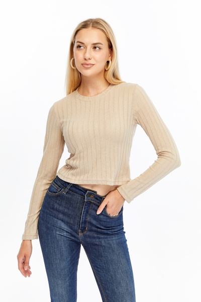 FHELIA Women's Crew Neck Cream Basic Cotton Thin m Transitional Knitwear Body