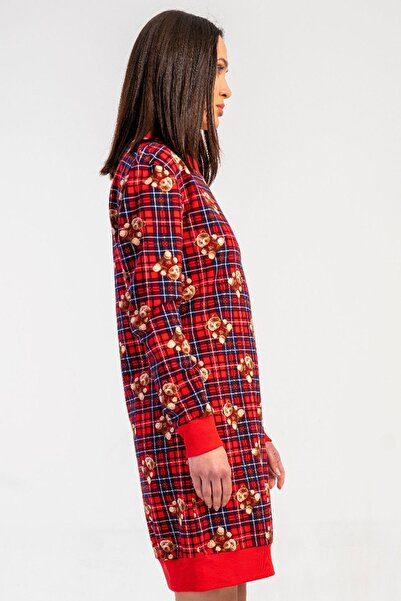REN Γυναικείο κόκκινο καρό φόρεμα με αρκουδάκι, 100% βαμβάκι, υφαντό με 2 κλωστές, μακρύ φόρεμα με μανσέτες