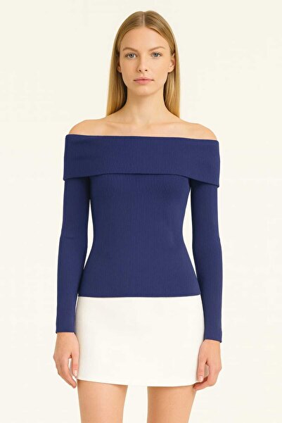 gigigiyim قماش مجدّل بلوزة نسائية بياقة مادونا باللون الأزرق الداكن