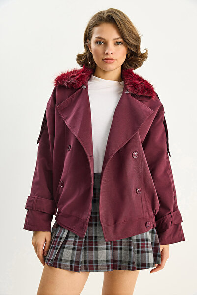 Bianco Lucci Women's Elastic Waist Pocket Detail Detachable Fur Collar Lined Short Trench Coat 2052 60283710