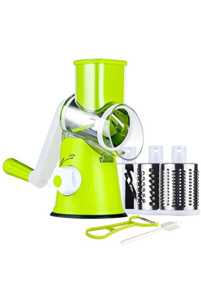 Generic Manual Cheese Rotary Grater - Round Mandoline Slicer Shredder with 3 Inner Adjustable Blades (Green