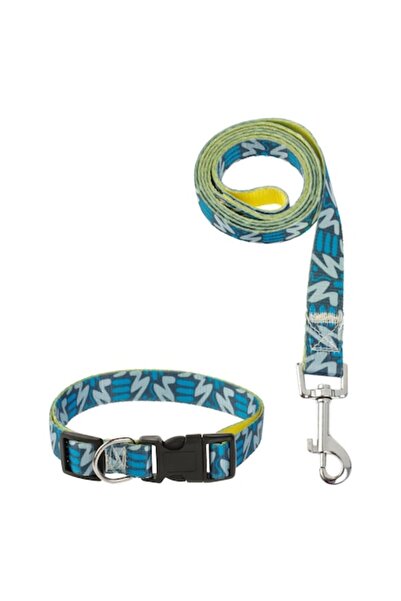 SHOPIENS Set zgardă și lesă, albastru-galben, poliester, lesă 120x2cm și zgar...