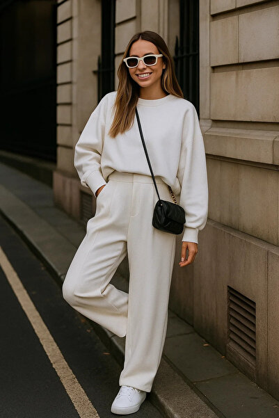 COMBİNE MİCHAİL Γυναικείο φαρδύ πόδι, φαρδύ λευκό παντελόνι palazzo