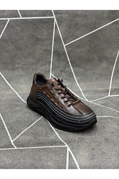 NYZ Brown Genuine Leather Rubber Laced Sneakers