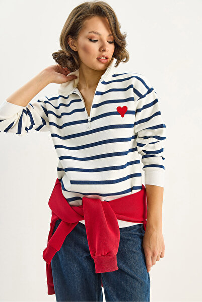 Bianco Lucci Kadın Kalp Nakışlı Dik Yaka Yarım Fermuarlı Çizgili Sweatshirt 6089 60283714