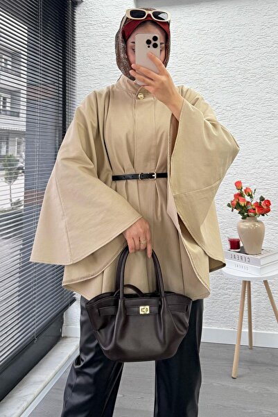 MELEK ARAZ Пончо с колан от габардин с едно копче отпред - бежово