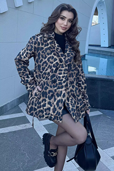 Zehra Gül Leopar Desen Leopar Desenli Kuşaklı Kadın Trençkot