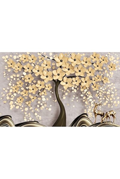 OEM Pictură pe pânză - Copac abstract și cerb auriu, 100x70 cm