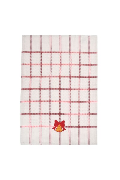 MYONNA IT & E- COMMERCE Kitchen Towel, Checked Pattern with Embroidered Bell, White and Red, 60x40 cm
