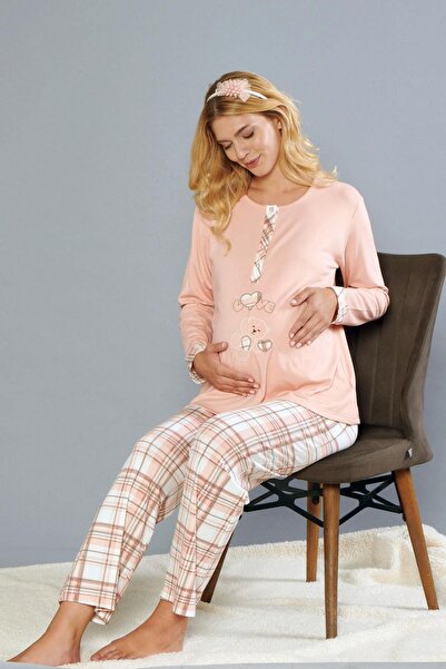 FLZ Pregnant Women's Long Sleeve Pajama Set with Embroidery Details 25-10