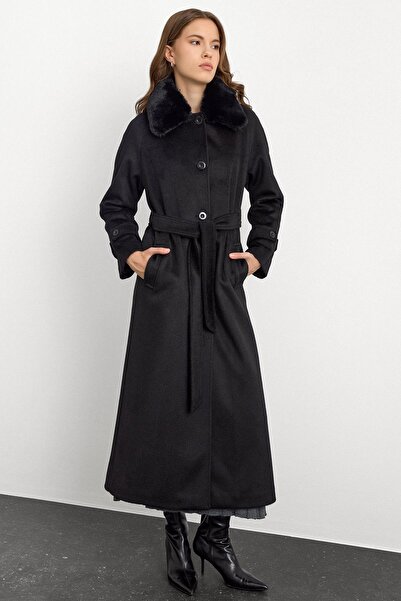 Olcay Fur Collar Detachable Fur Moher Long Coat Black 3151