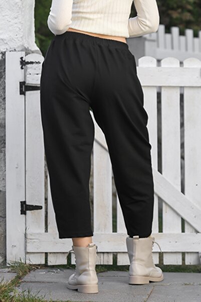 Chiccy Black Pocketed Elastic Waist Straight Leg Casual Faux Leather Knitted Trousers 95 65